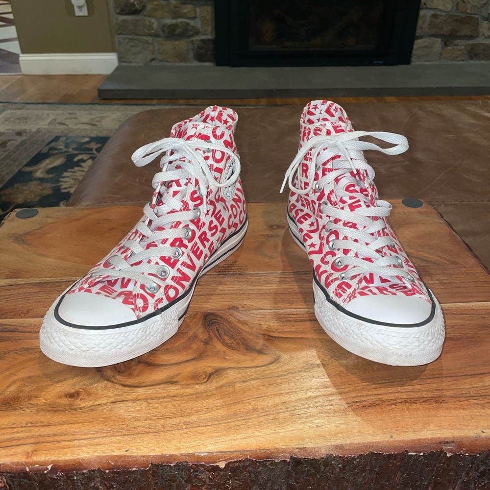 White Converse High-Tops with Red Text Design